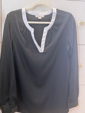 Coldwater Creek Black Blouse with White Trimmed Split V-Neck